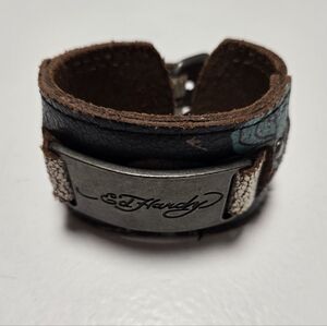 Ed Hardy Genuine Leather Teal Blue White Brown Black Bracelet